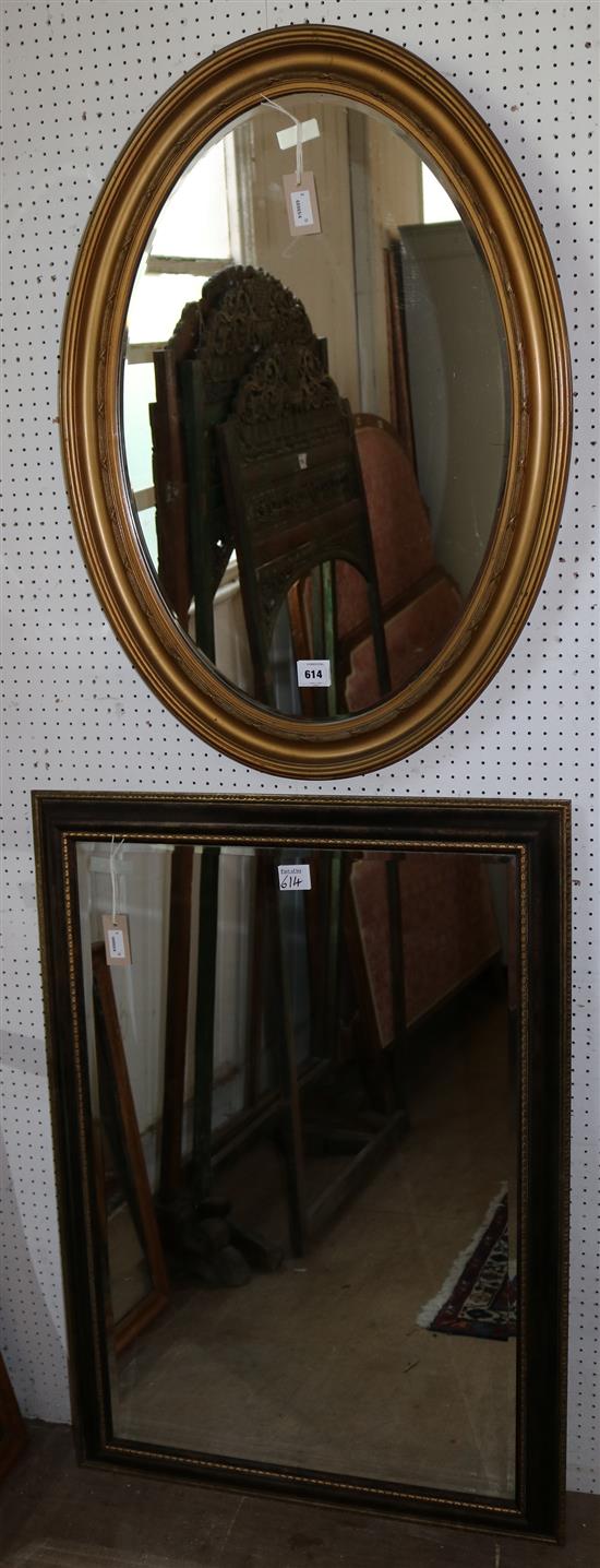 Oval gilt-framed wall mirror and another modern mirror